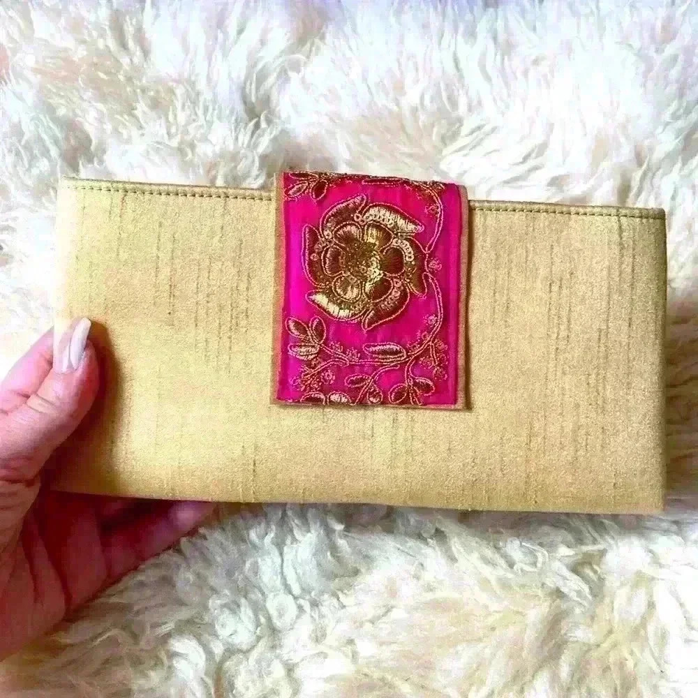 Women’s Evening Hand Wristlets Purse Bollywood Gold Fuchsia Small Clutches Bag